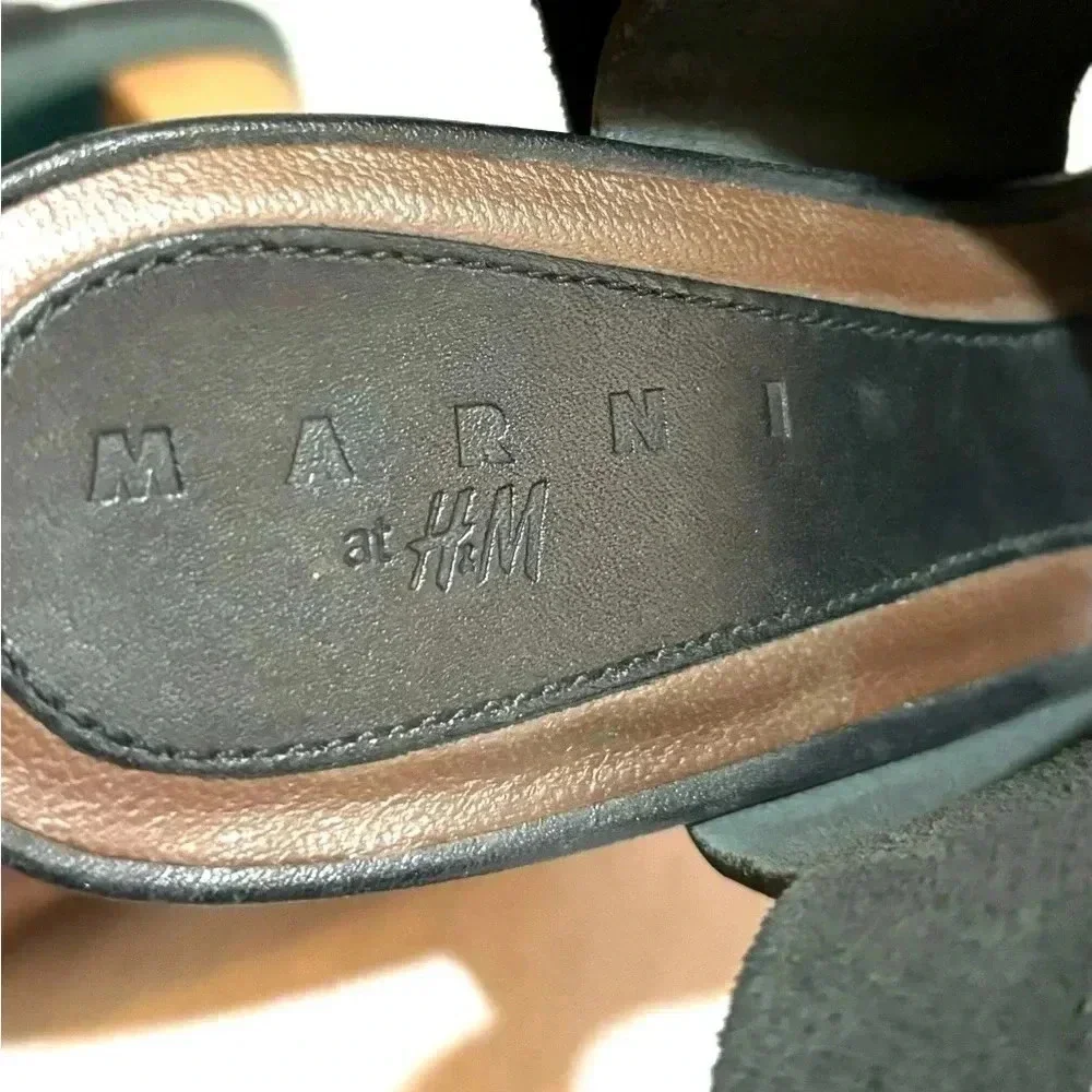 Marni + H&M black green wood leather chunky heel’s platform sandals